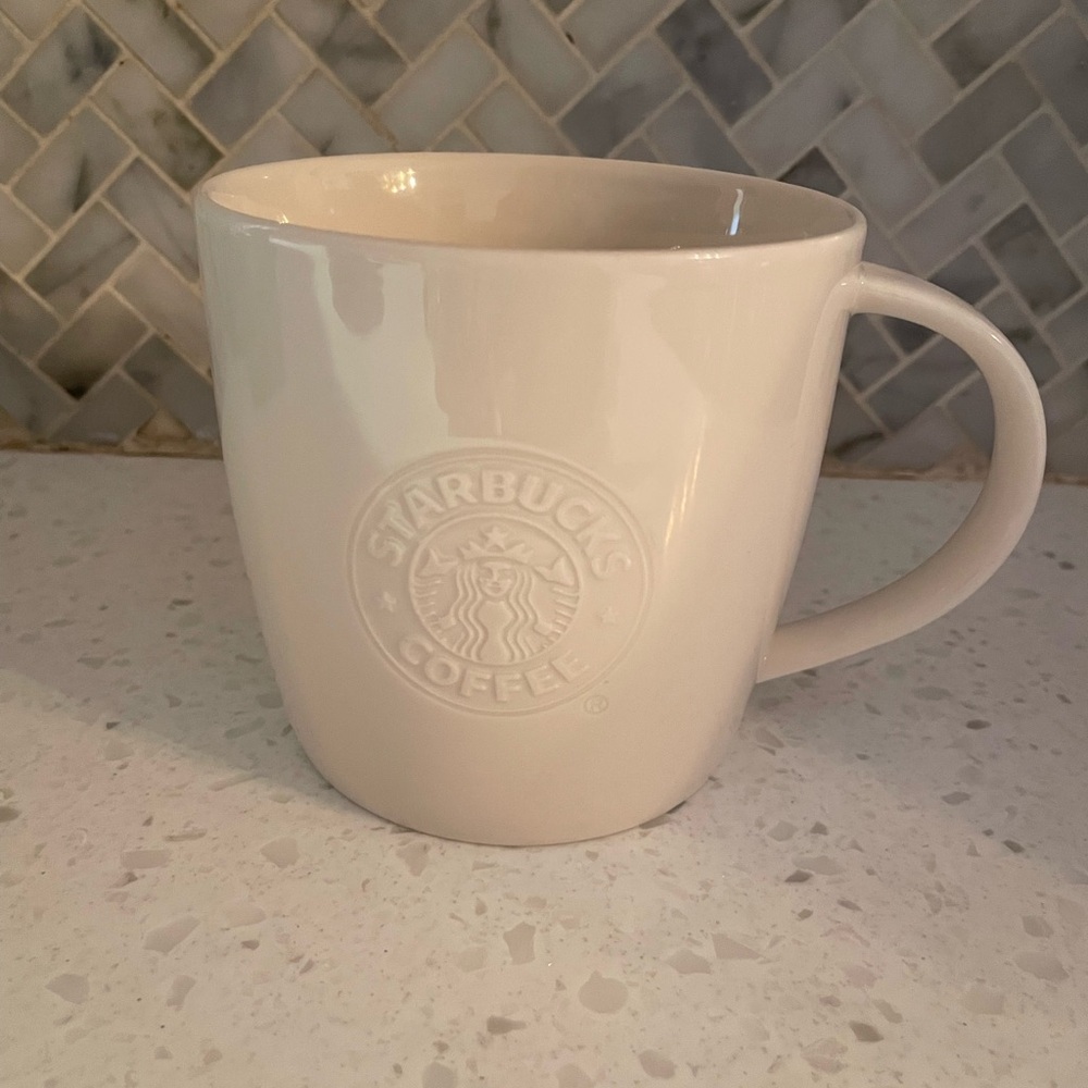 Starbucks White Bone China Embossed Mug Classic Coffee - some discoloration